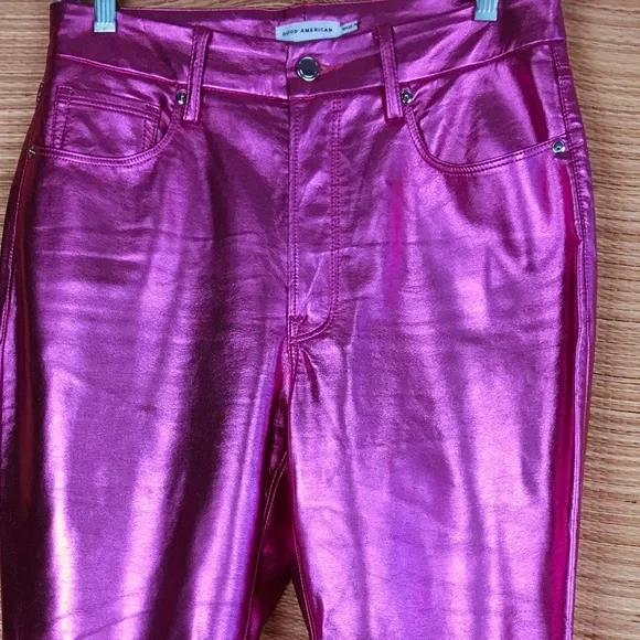 GOOD AMERICAN GOOD ICON High Rise Straight Jeans in Powder Pink Metallic Sz 6/28